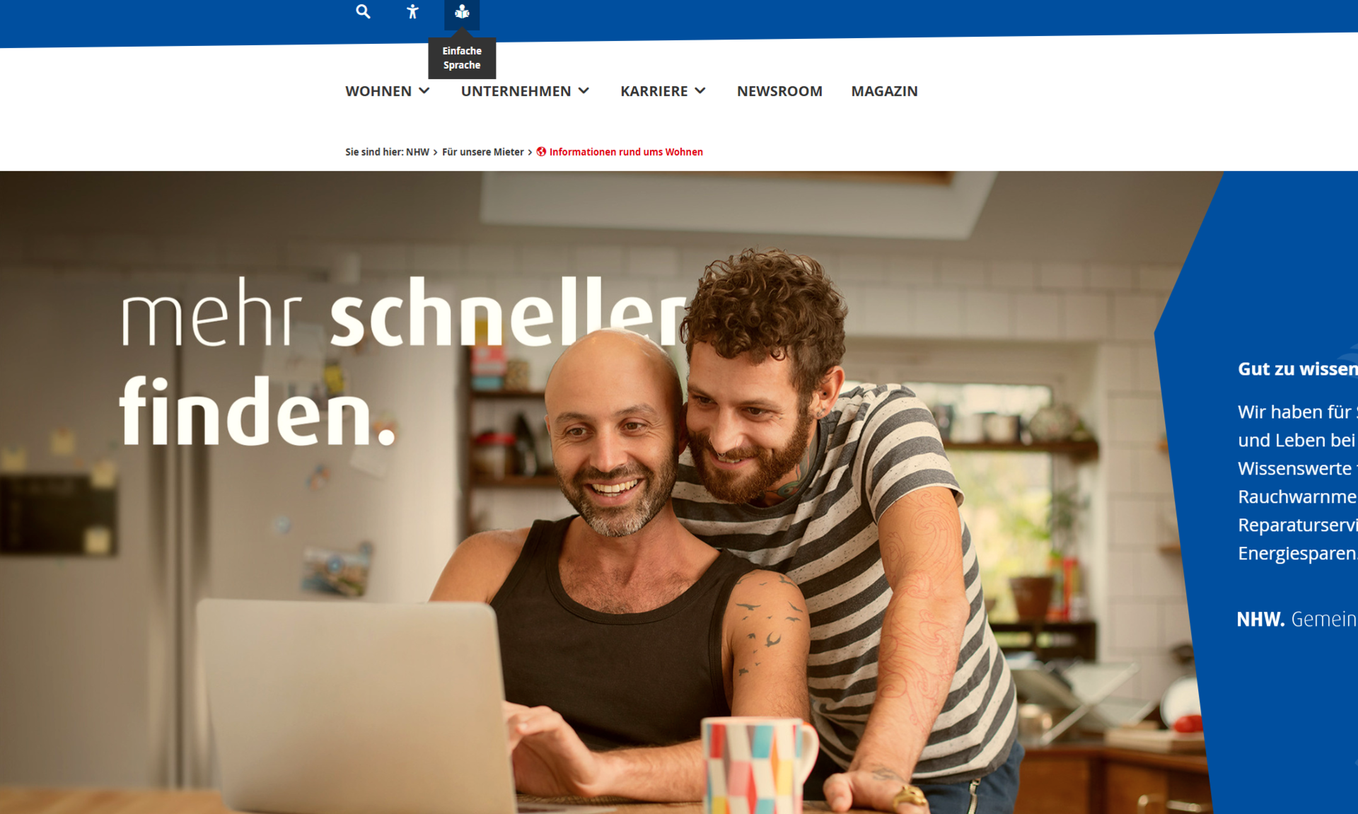 Das Bild zeigt die Website der NHW, der Cursor der Maus steht über dem Symbol für Leichte Sprache oben links auf der Seite.