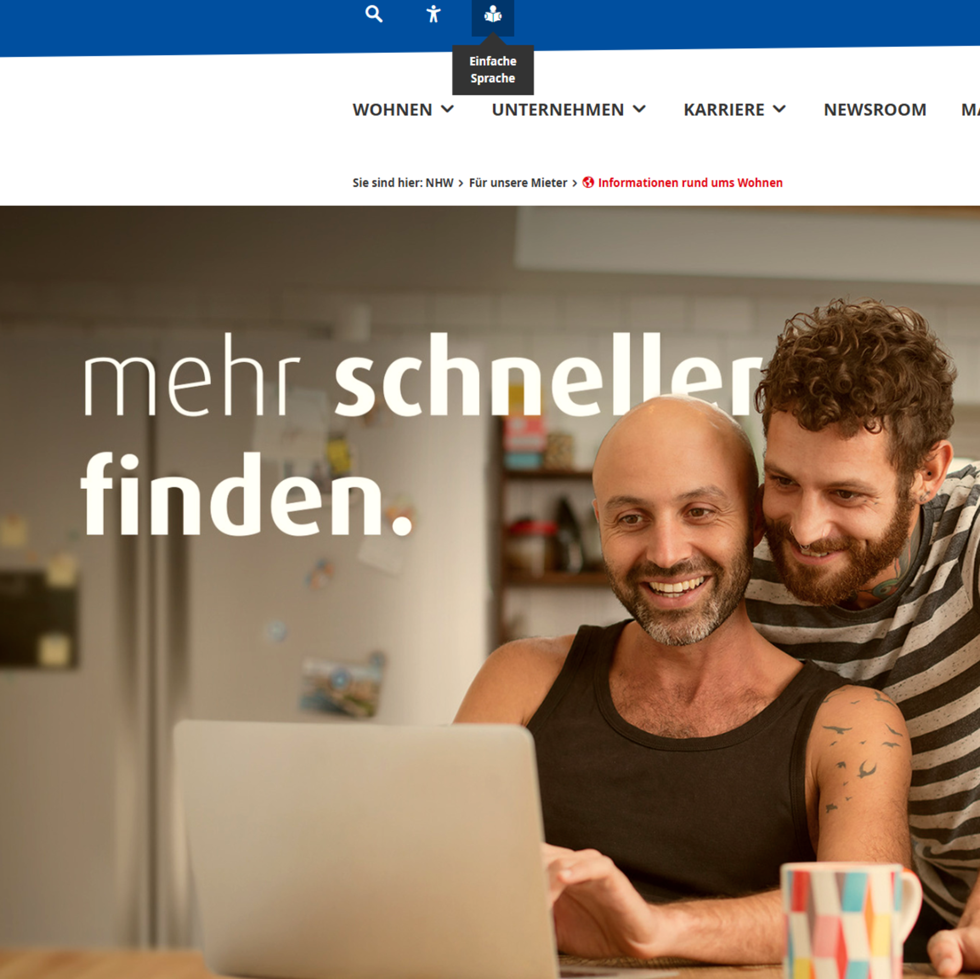 Das Bild zeigt die Website der NHW, der Cursor der Maus steht über dem Symbol für Leichte Sprache oben links auf der Seite.