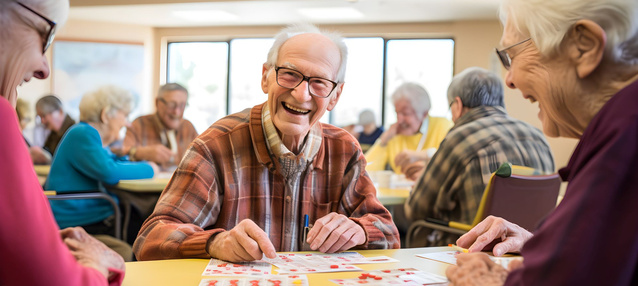 Mehrere Senioren in einem Raum. Einige sitzen am Tisch und spielen ein Brettspiel.