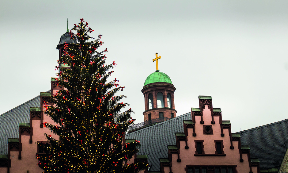 Weihnachtsbaum im Fokus, im Hintergrund historische Gebäude