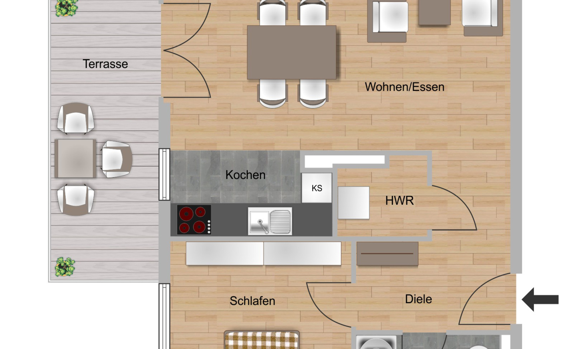 Das Bild zeigt einen Grundriss einer 2-Zimmer-Wohnung im Neubau  Elisabethentor in Wiesbaden-Delkenheim