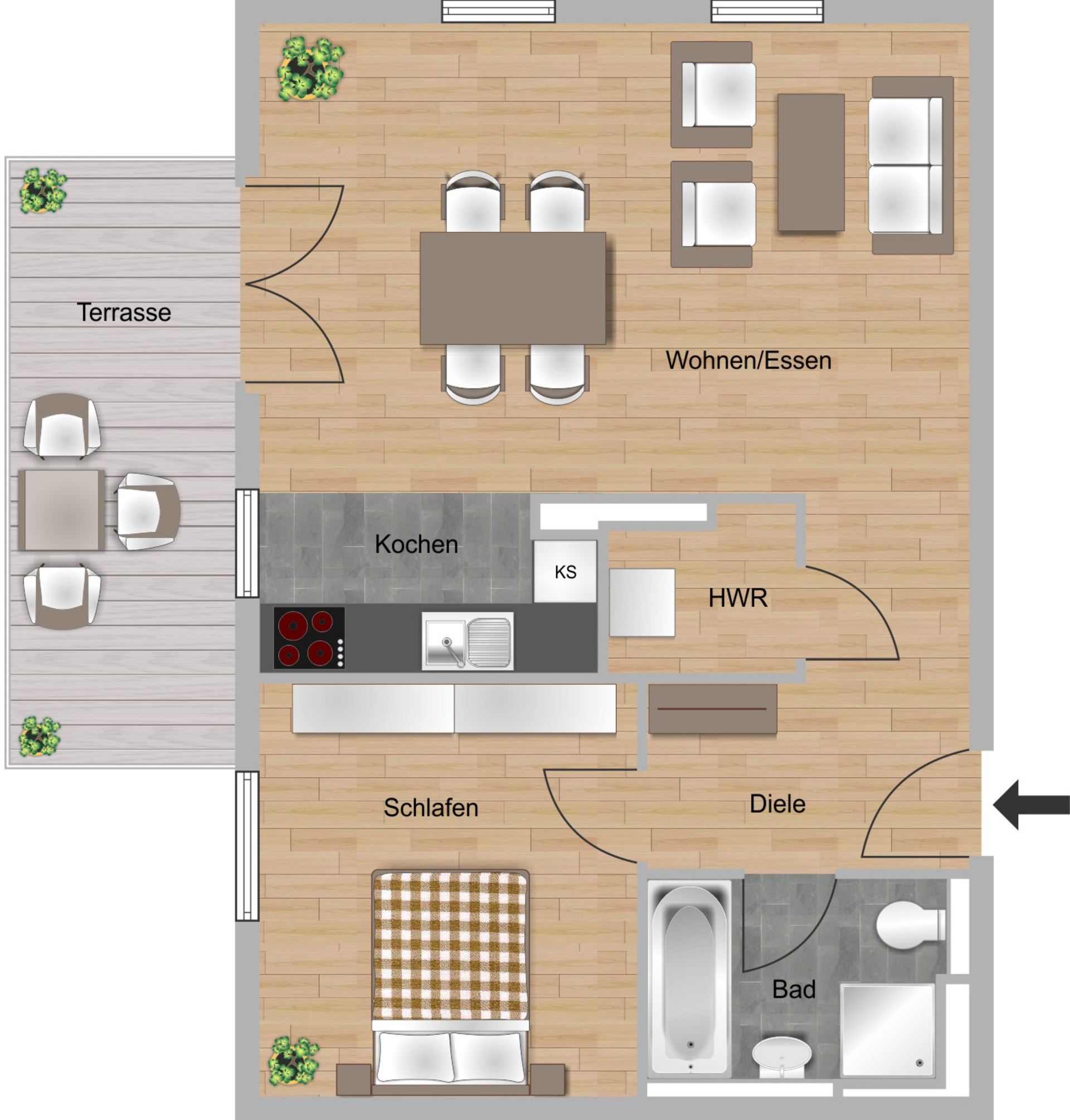 Das Bild zeigt einen Grundriss einer 2-Zimmer-Wohnung im Neubau  Elisabethentor in Wiesbaden-Delkenheim