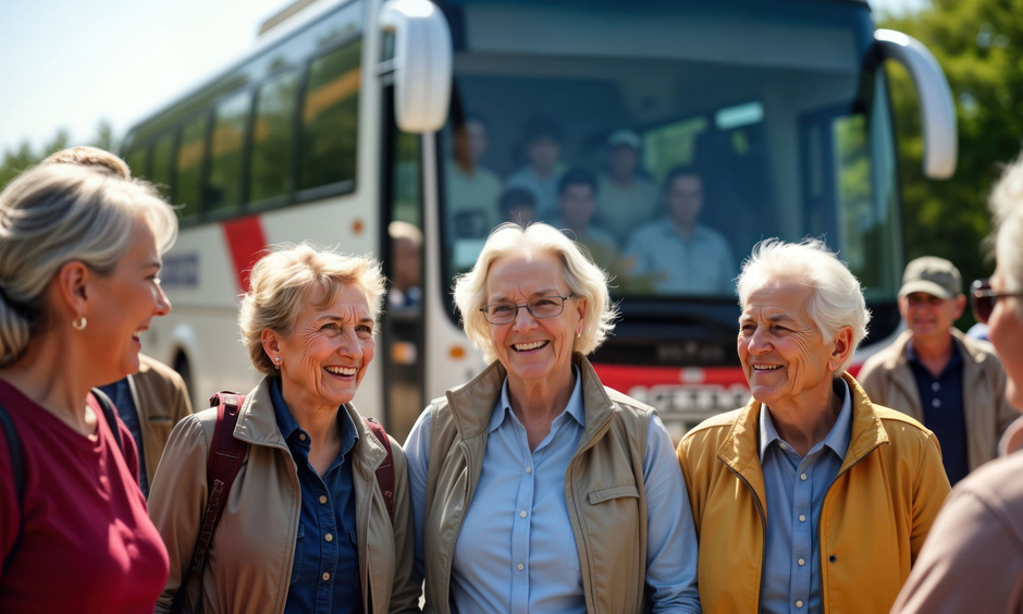 Seniorinnen stehen vor einem Bus.