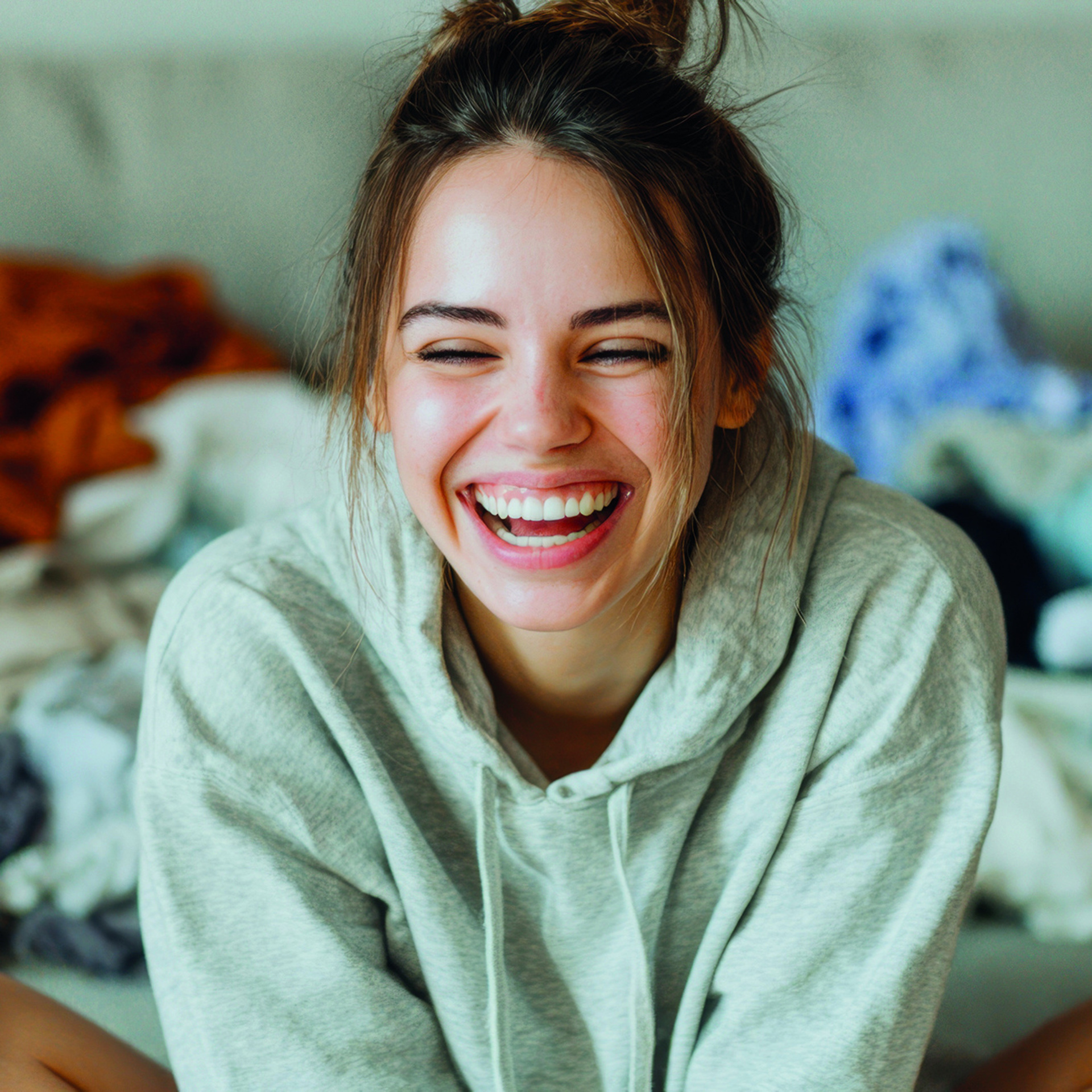 Eine lachende Frau mit braunen Haaren sitzt lachend im Schneidersitz auf einem Bett, im Hintergrund sieht man Klamotten-Stapel