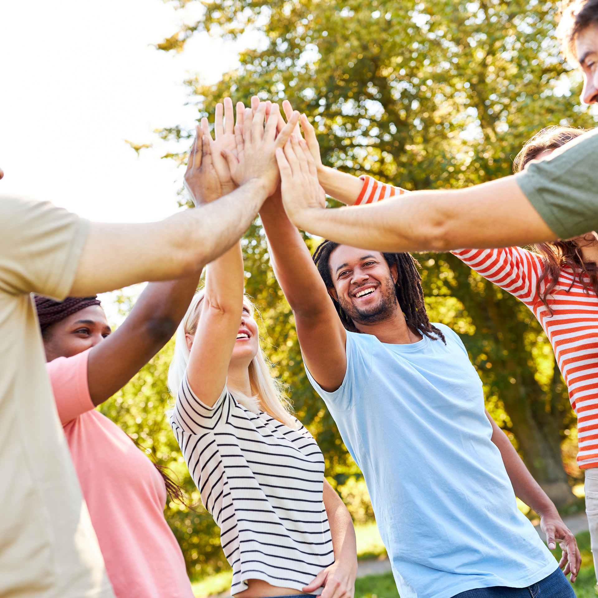 Eine Gruppe sechs junger Menschen steht draußen im Grünen und macht ein gemeinsames High-Five.