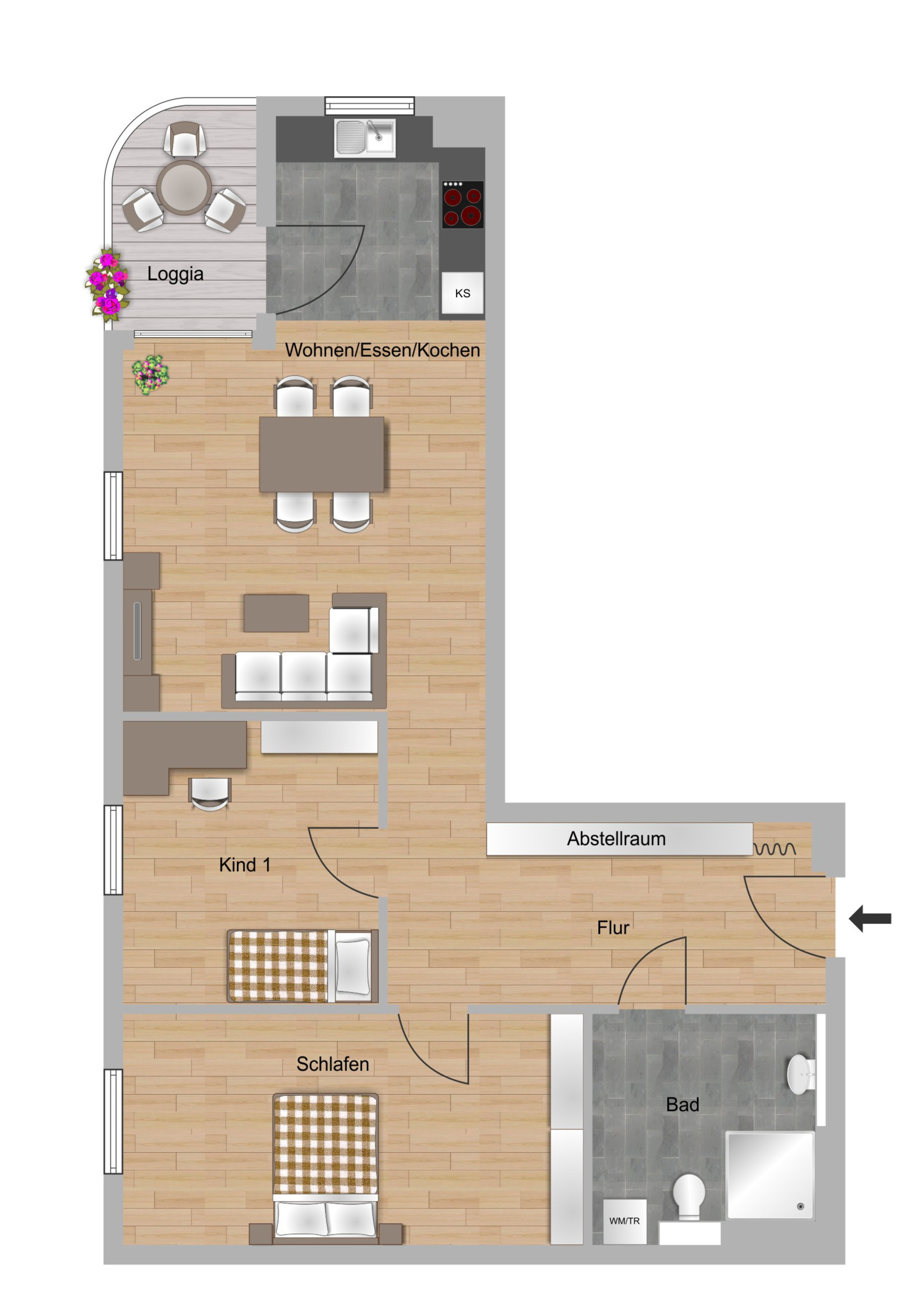Beispielgrundriss zur 3-Zimmer-Wohnung in der Melibocusstraße in Frankfurt der NHW