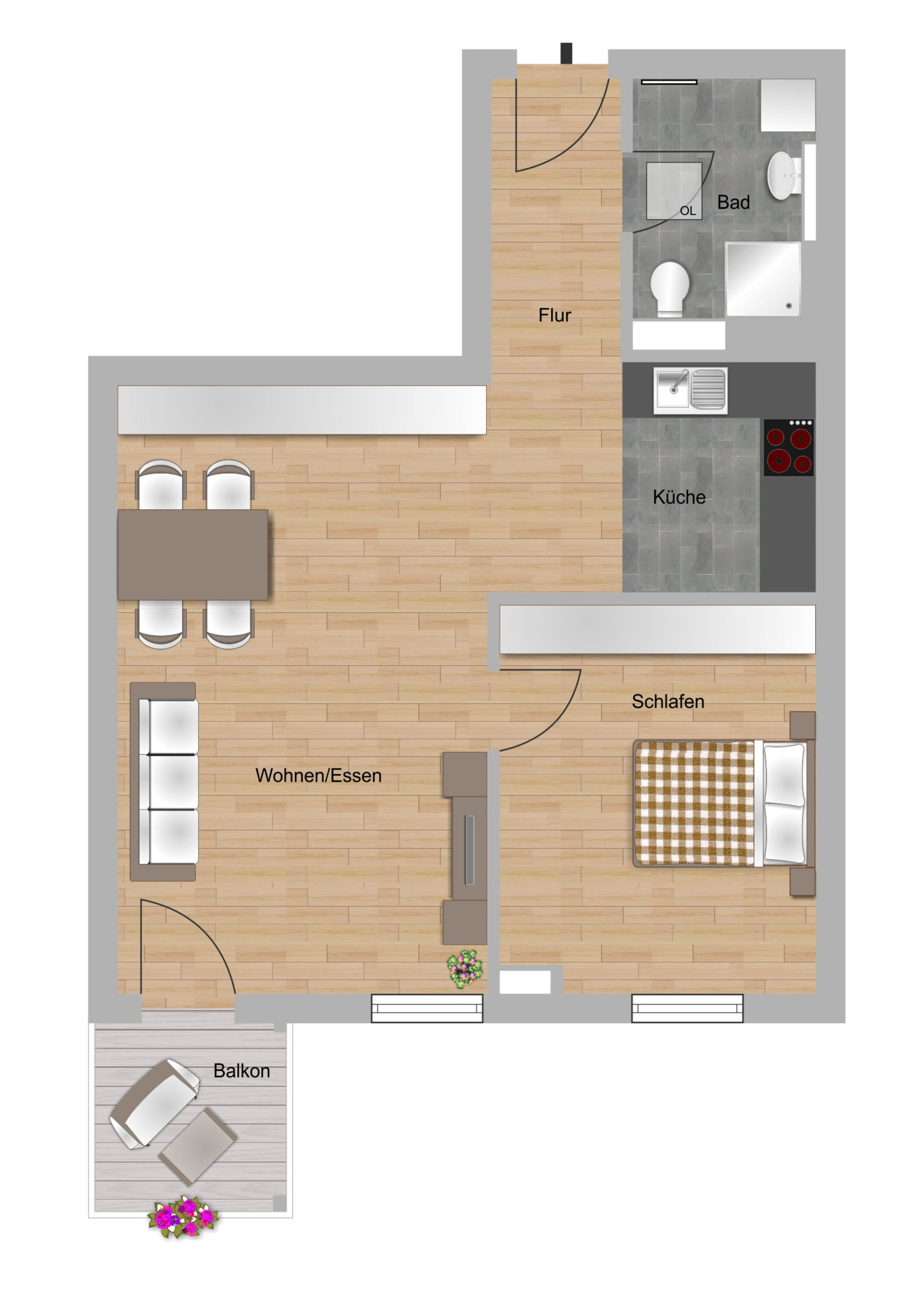Beispielgrundriss zur 2-Zimmer-Wohnung in der Melibocusstraße in Frankfurt der NHW