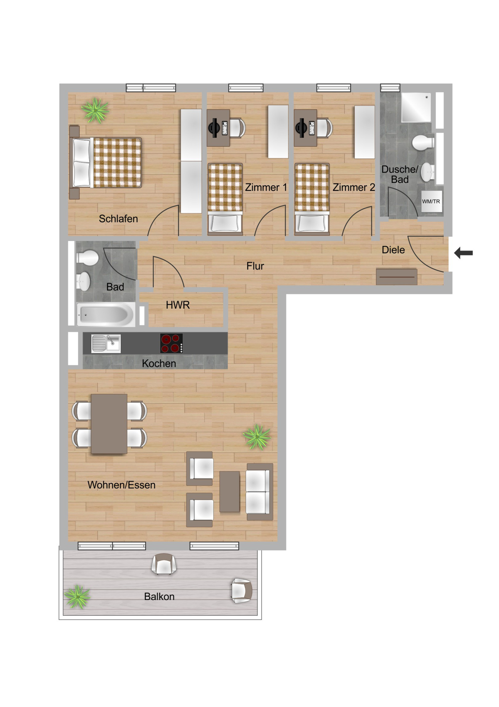 Das Bild zeigt den Grundriss einer 4-Zimmer-Wohnungen im Neubau Elisabethentor in Wiesbaden-Delkenheim der Nassauischen Heimstätte | Wohnstadt (NHW)