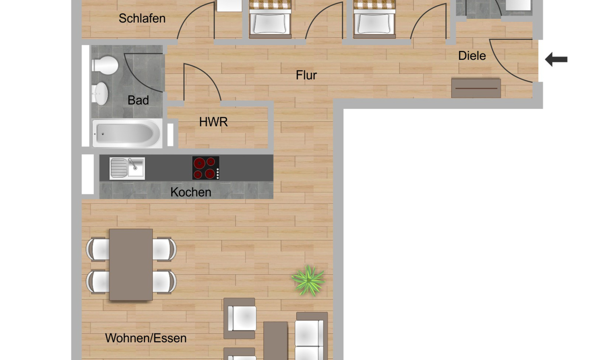 Das Bild zeigt den Grundriss einer 4-Zimmer-Wohnungen im Neubau Elisabethentor in Wiesbaden-Delkenheim der Nassauischen Heimstätte | Wohnstadt (NHW)