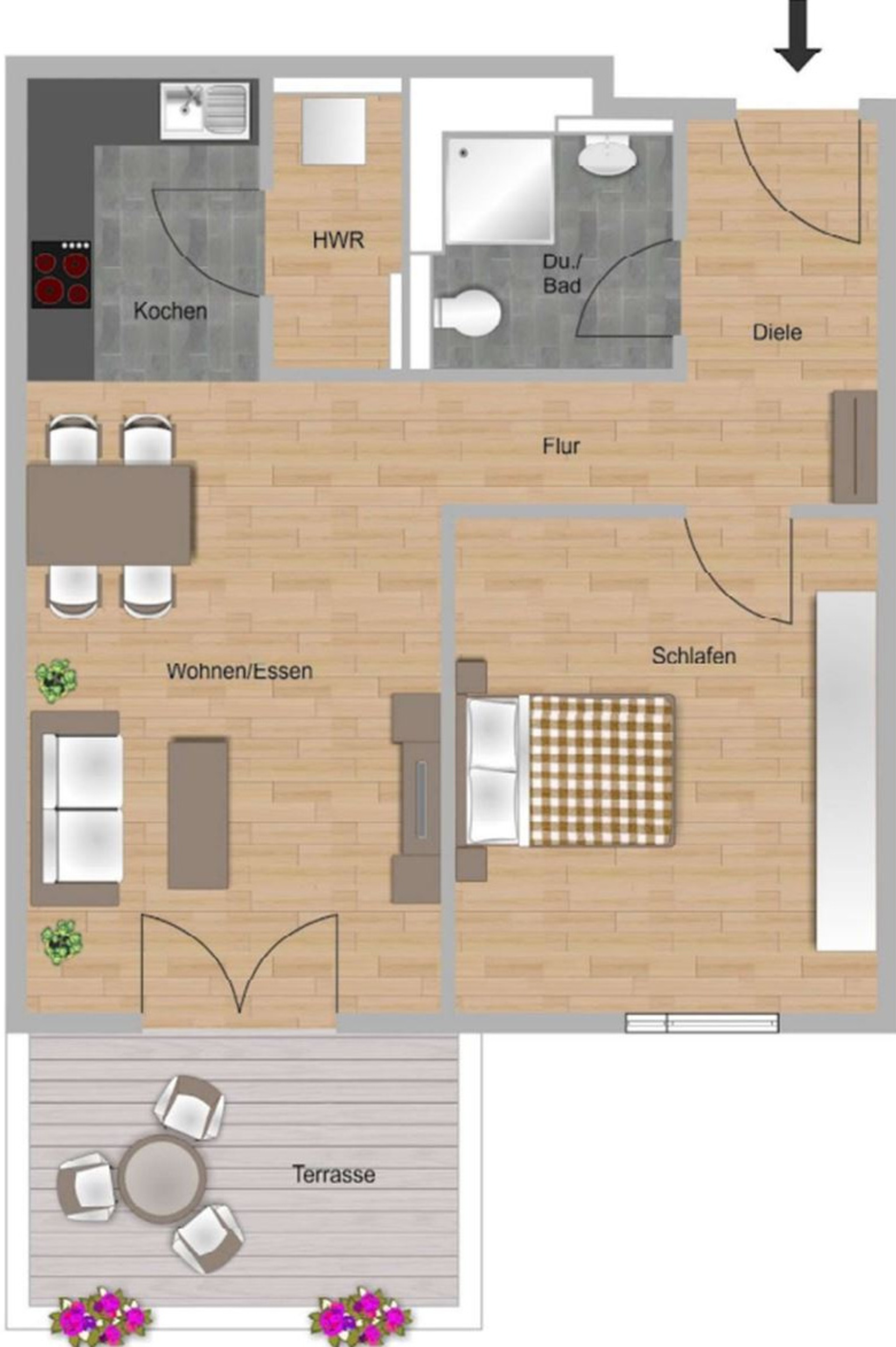 Das Bild zeigt einen Grundriss einer 2-Zimmer-Wohnung im Neubau  Elisabethentor in Wiesbaden-Delkenheim