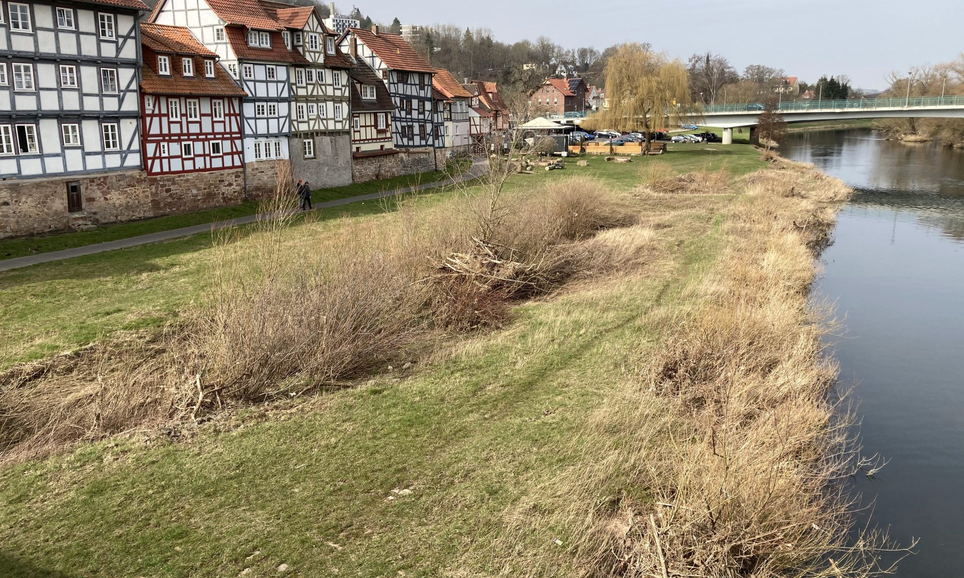 Ungepflegte Wiese, rechts die Fulda, links Fachwerkhäuser