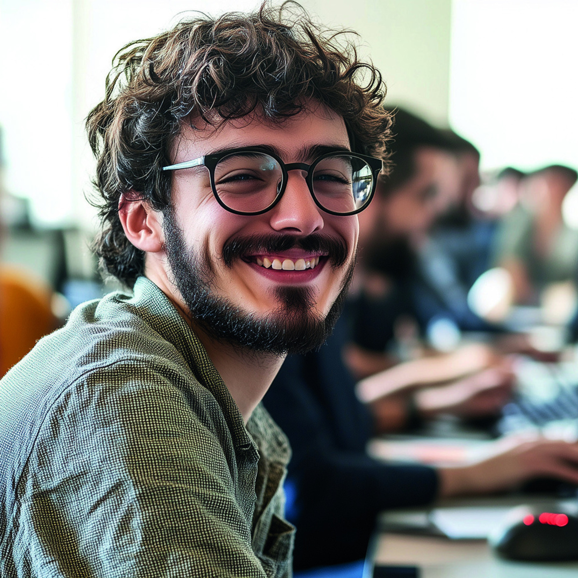 Junger Mann, de an einem Arbeitsplatz sitzt und in die Kamera lacht