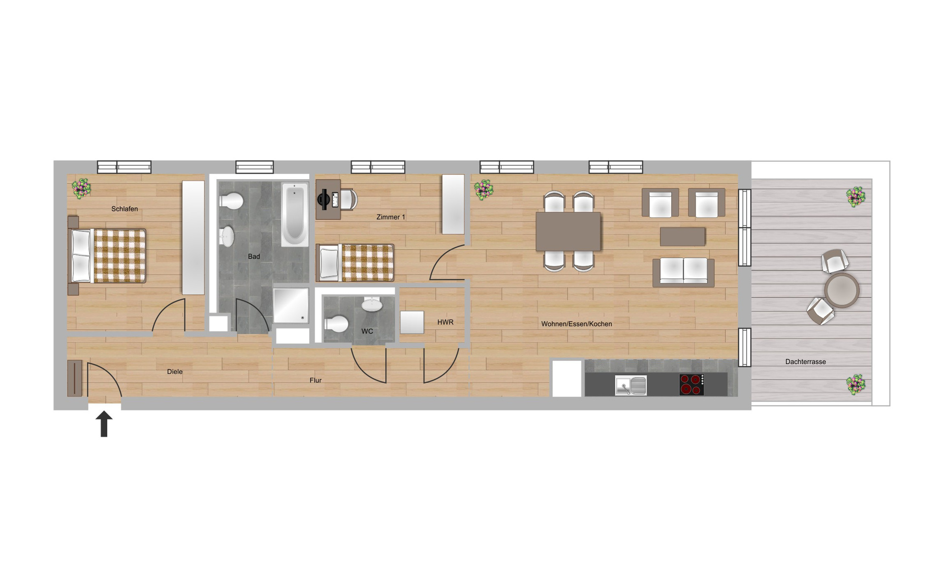 Das Bild zeigt den Grundriss einer 3-Zimmer-Wohnungen im Neubau Elisabethentor in Wiesbaden-Delkenheim der Nassauischen Heimstätte | Wohnstadt (NHW)