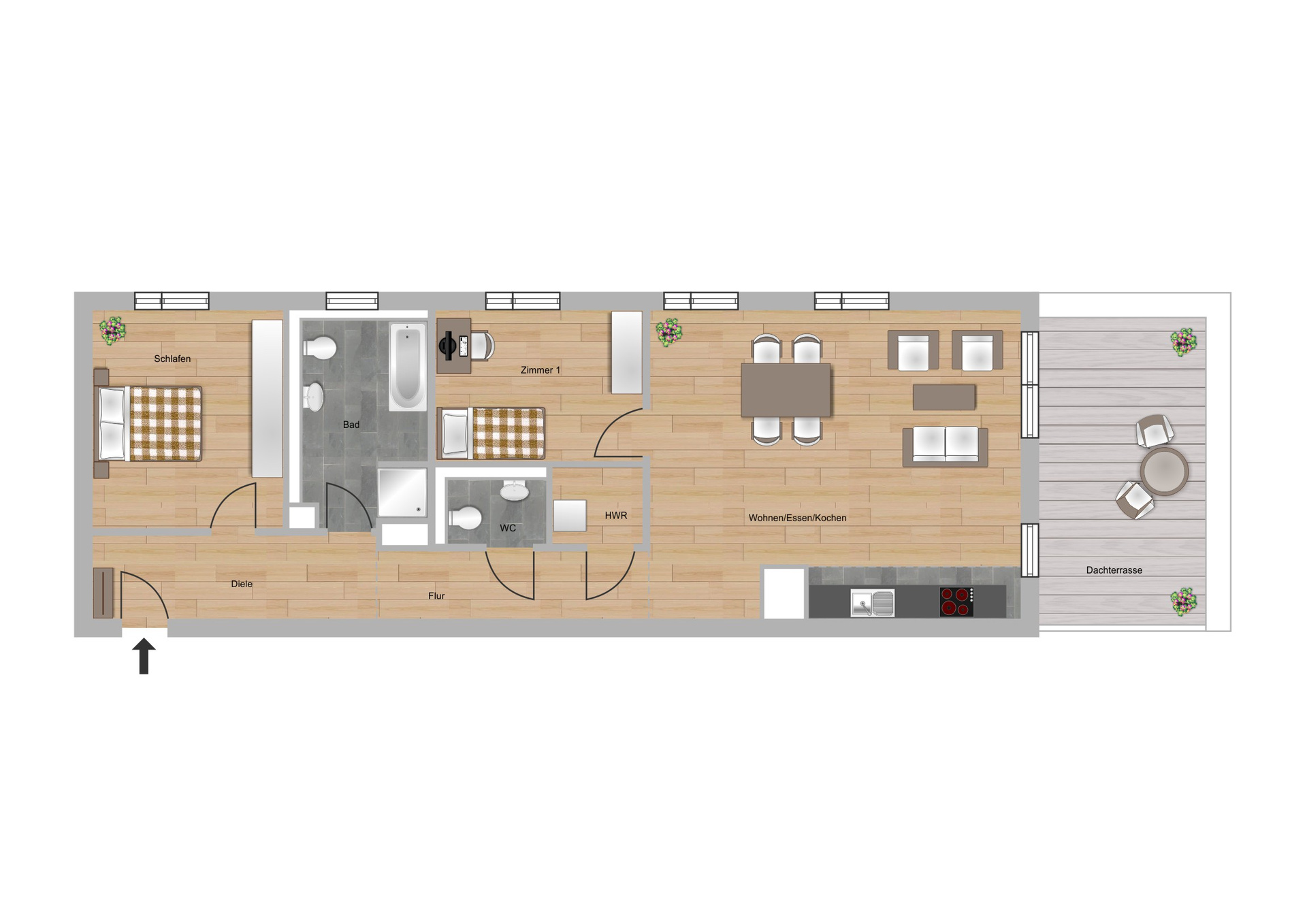 Das Bild zeigt den Grundriss einer 3-Zimmer-Wohnungen im Neubau Elisabethentor in Wiesbaden-Delkenheim der Nassauischen Heimstätte | Wohnstadt (NHW)