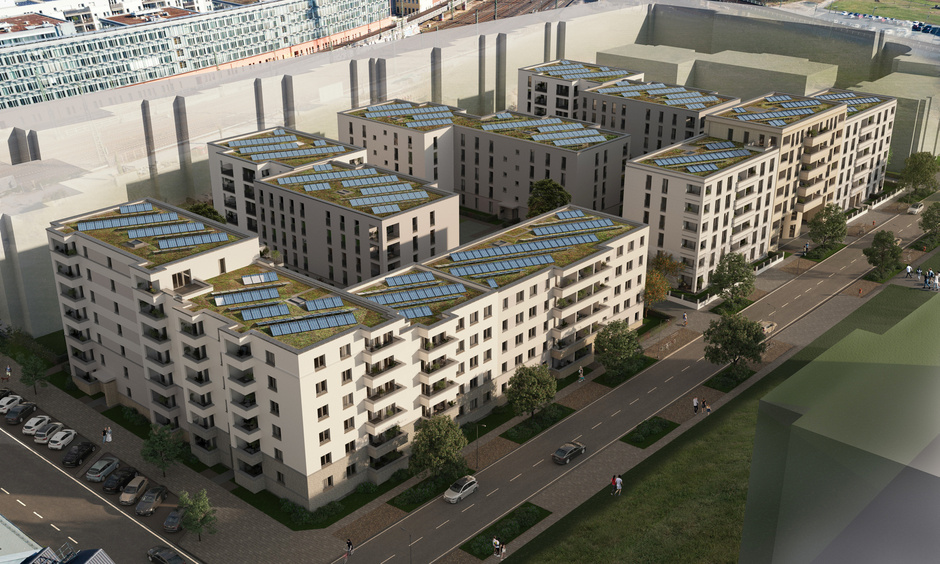 Illustration von mehrerern Wohngebäuden, Vogelperspektive mit  PV-Anlage auf dem Dach