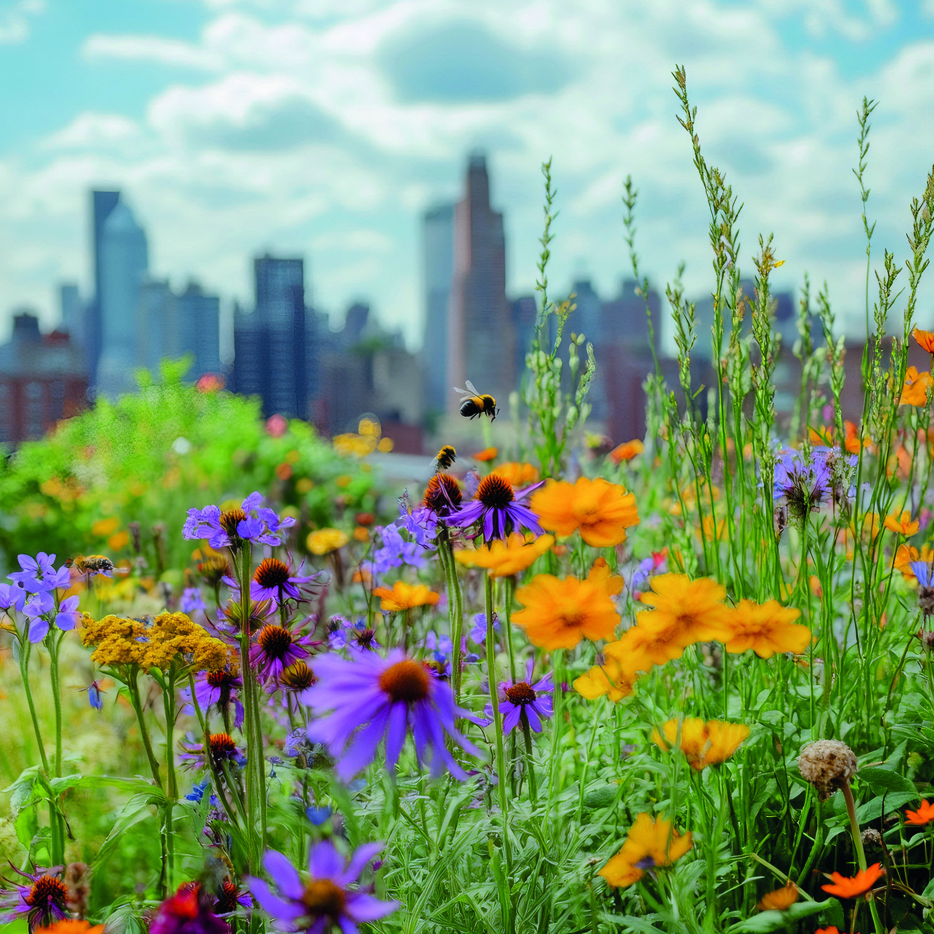 Wiese mit bunten Blumen im Vordergrund. Im Hintergrund Gebäude.