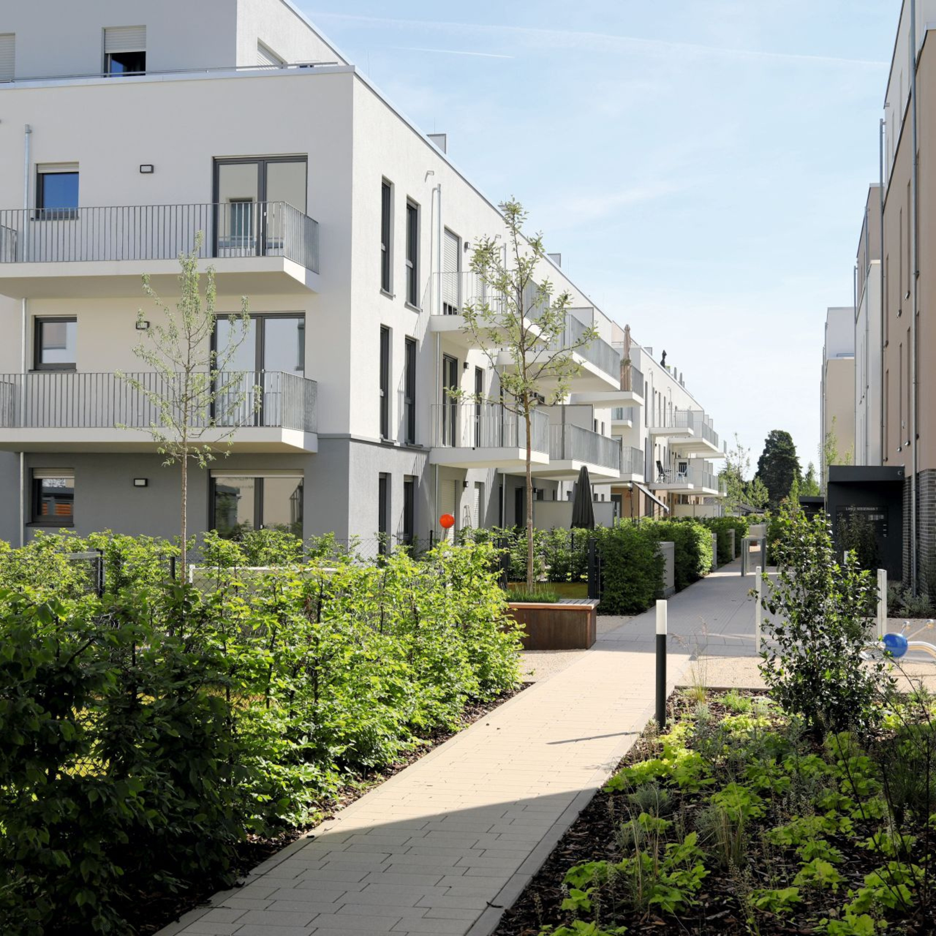 Neugebaute mehrgeschossige Häuser. Ein Weg führt zwischen den Häusern durch.