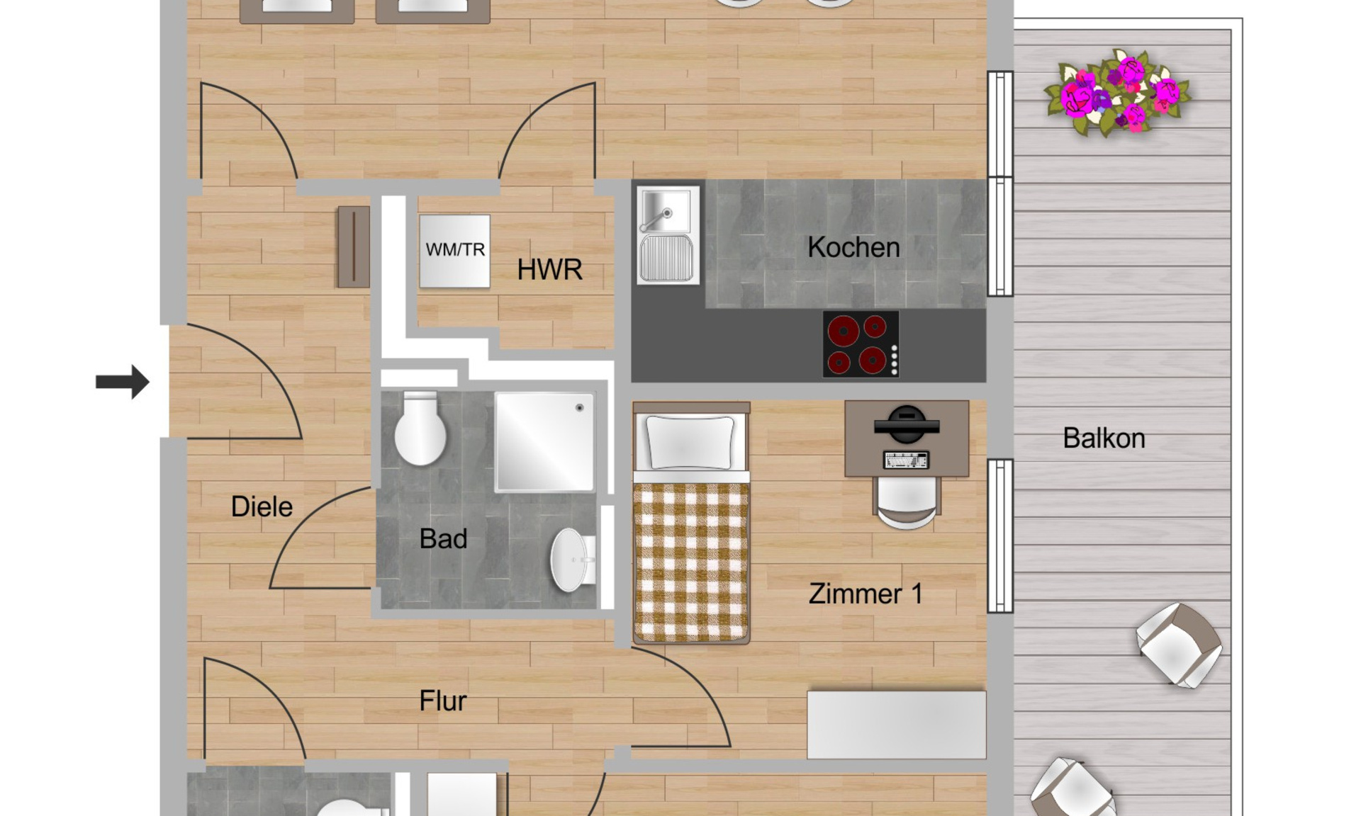 Das Bild zeigt den Grundriss einer 3-Zimmer-Wohnungen im Neubau Elisabethentor in Wiesbaden-Delkenheim der Nassauischen Heimstätte | Wohnstadt (NHW)