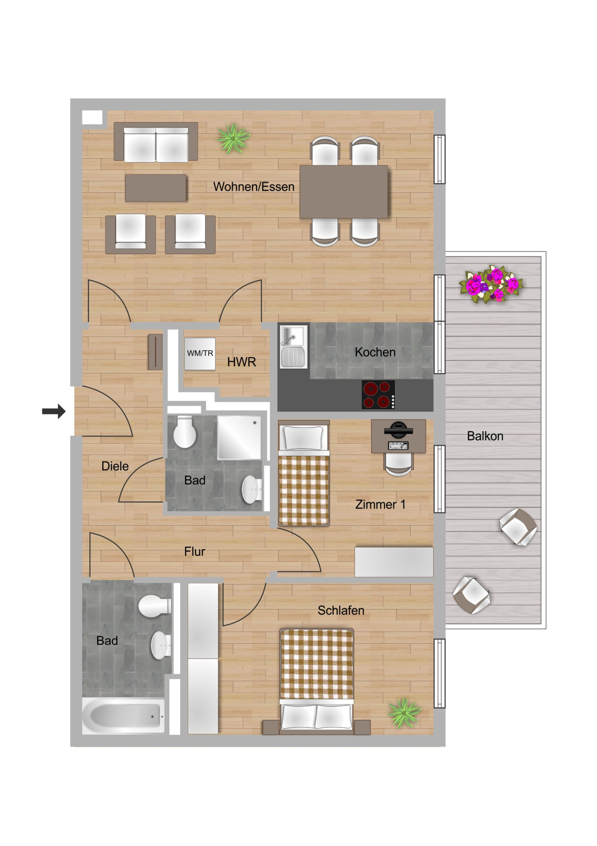 Das Bild zeigt den Grundriss einer 3-Zimmer-Wohnungen im Neubau Elisabethentor in Wiesbaden-Delkenheim der Nassauischen Heimstätte | Wohnstadt (NHW)
