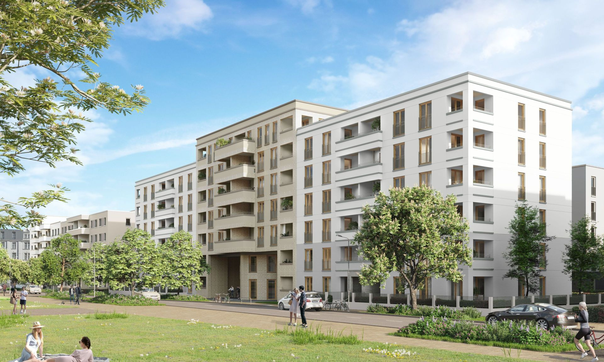 Visualisierung Hauptgebäude nuville bockenheim, im Vordergrund Parklandschaft