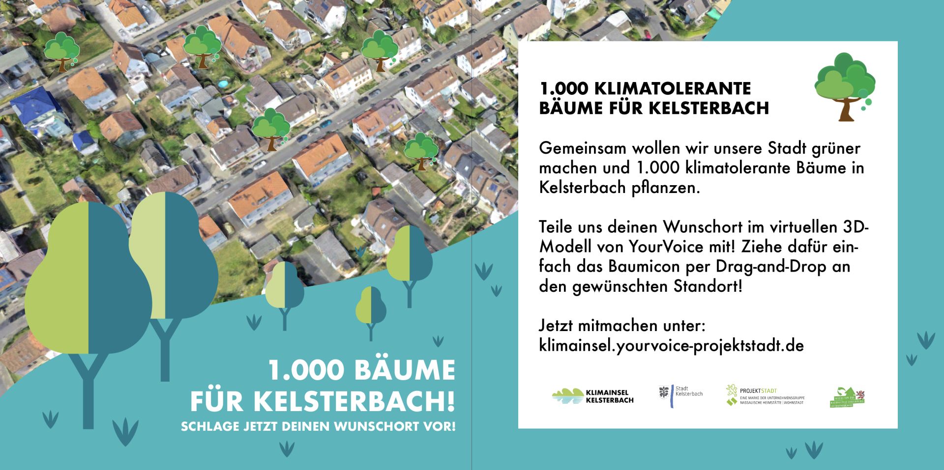 Grafik, die das Projekt „1000 klimatolerante Bäume“ erläutert. Die Stadt Kelsterbach lädt ihre AnwohnerInnen dazu ein, aktiv an der Planung teilzunehmen und somit einen Beitrag zur grünen Zukunft der Stadt zu leisten. 
