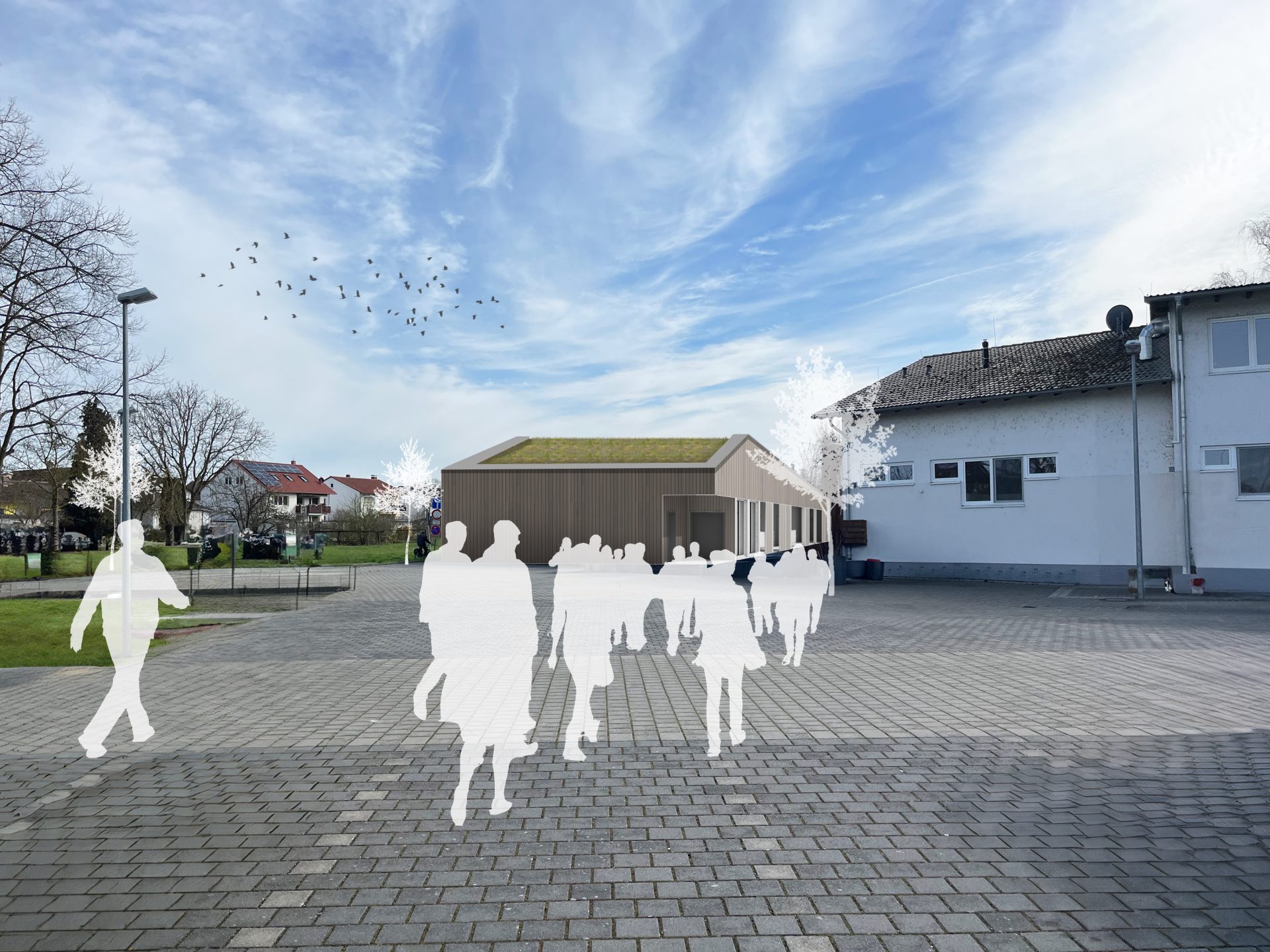 Visualisierung eines Funktionsgebäudes in Holzbauweise, montiert in ein Foto eines bestehenden Platzes mit einem bestehenden Gebäude, ebenfalls hineinmontiert: schemenhafte Passanten