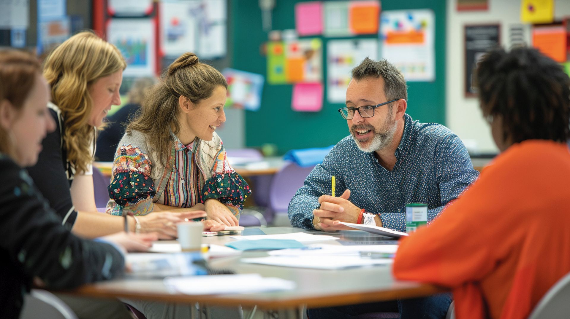 Lehrer und Schüler sitzen an einem Tisch. Mann (Lehrer) erklärt grade was